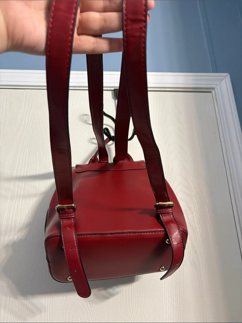 Structured Red Faux Leather Women's Backpack with Front Pocket
